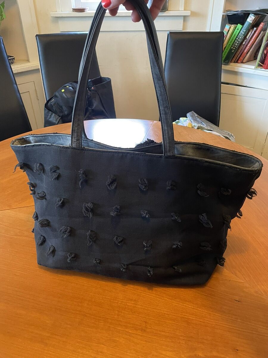 DEUX LUX Blossoms black Pom Pom Faux Leather & Chiffon Tote DEUX LUX Blossoms black Pom Pom Faux Leather & Chiffon Tote