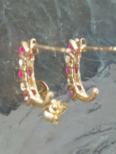 Ruby Round Cut & White Sapphire Labcreated Stud Earrings 10kt Solid Yellow Gold - Picture 9 of 11