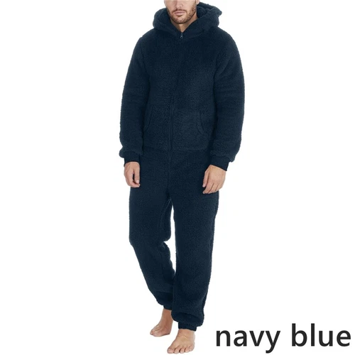 Men One-piece Hooded Pajama Coral Fleece Jumpsuit Sleepwear Zipper Pocket Home - Picture 9 of 30