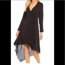 H by Halston Women's Plunge Neck Asymmetrical Black Wrap Dress SZ:Large NWT