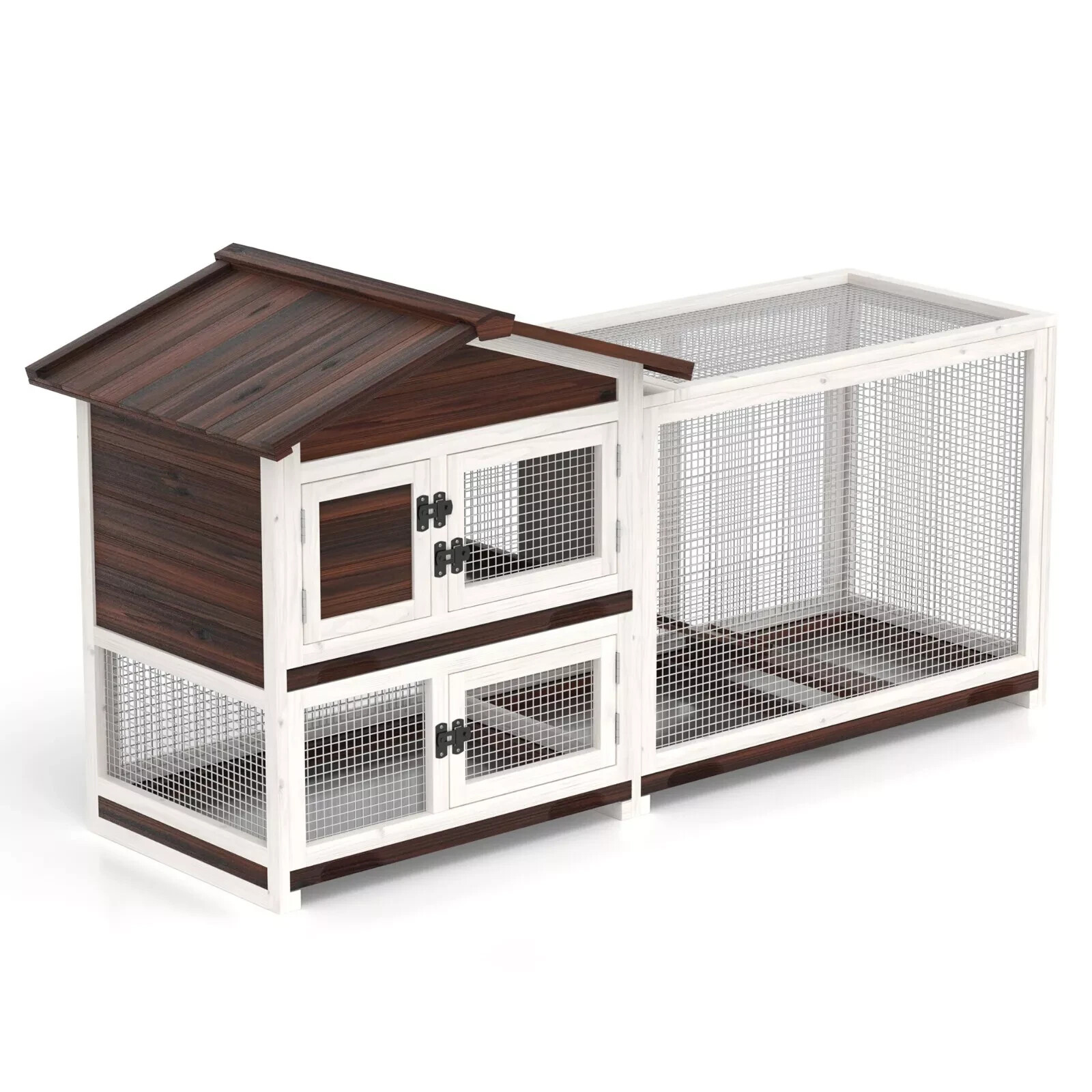 2 Tier Wooden Rabbit Hutch Bunny Cage Chicken Coop Pet House w/Run In/Outdoor