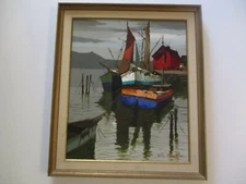 d'ALESSANDRO OIL PAINTING VINTAGE NAUTICAL MARINA FISHING BOATS IMPRESSIONISM 