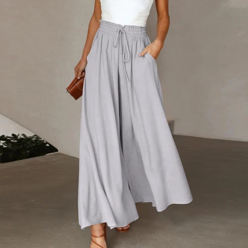 Damen Einfarbig Hose Elastischer Gürtel Weites Bein Hohe Taille Lange Culotte Hose - Bild 23 von 42