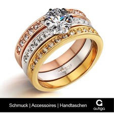 Ring Damen Solitärring Zirkonia Kristalle 3-farbig Triple Dreierring 3 in 1