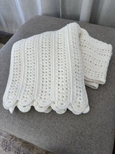 Handmade Crochet Blanket Throw 56x52 Ivory Cream Scalloped Cottage Farmhouse New