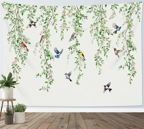 Cute Bird Pink Floral Green Leaf Botanical Tapestry for Bedroom Living Room Dorm