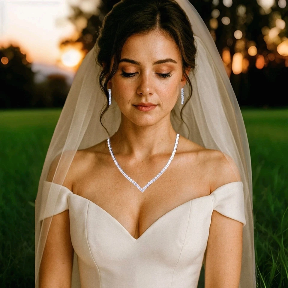 Conjunto de joyas nupciales con piedras de corte cuadrado enchapadas en oro blanco de 18k Swarovski creado en laboratorio Foto 2 de 4