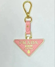 Prada Triangle Logo Key Charm Pink Gold Leather Key Holder Saffiano Style YK491