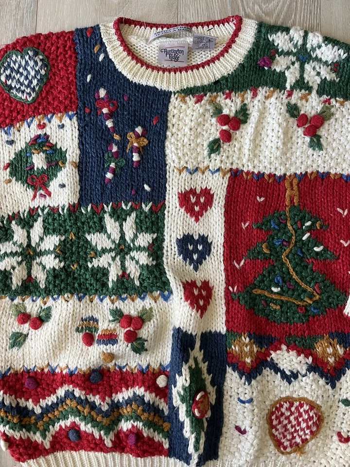 Suéter Pullover Vintage Años 90 Navidad Grueso Tejido a Mano Huntington Ridge • Talla M Foto 2 de 4