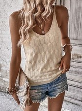 Solid Cami Knit Spaghetti Strap Sleeveless Top - Beige - Sz L Women's