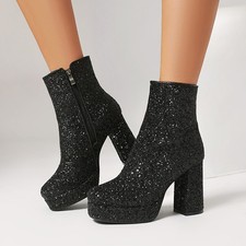 Women's Sequin Chunky Heel Pointy Toe Back Zip Formal Shiny Dress Ankle Boots