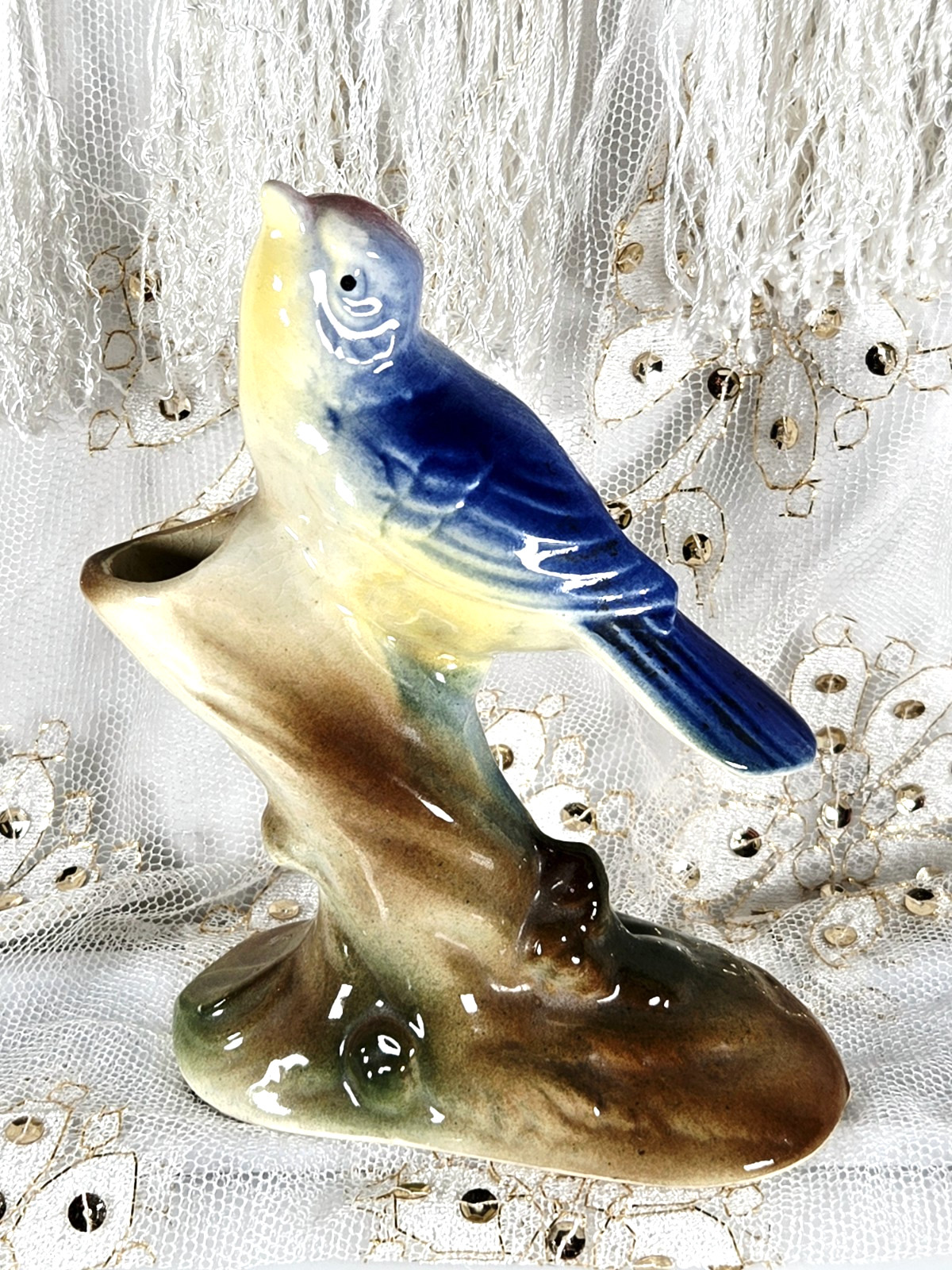 Vintage 1940's Royal Copley Blue/Yellow Bird on Stump Porcelain Planter/Vase 5