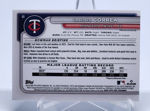 2024 Bowman Chrome Carlos Correa Green Refractor 17/99 Minnesota Twins #53 - Picture 2 of 2