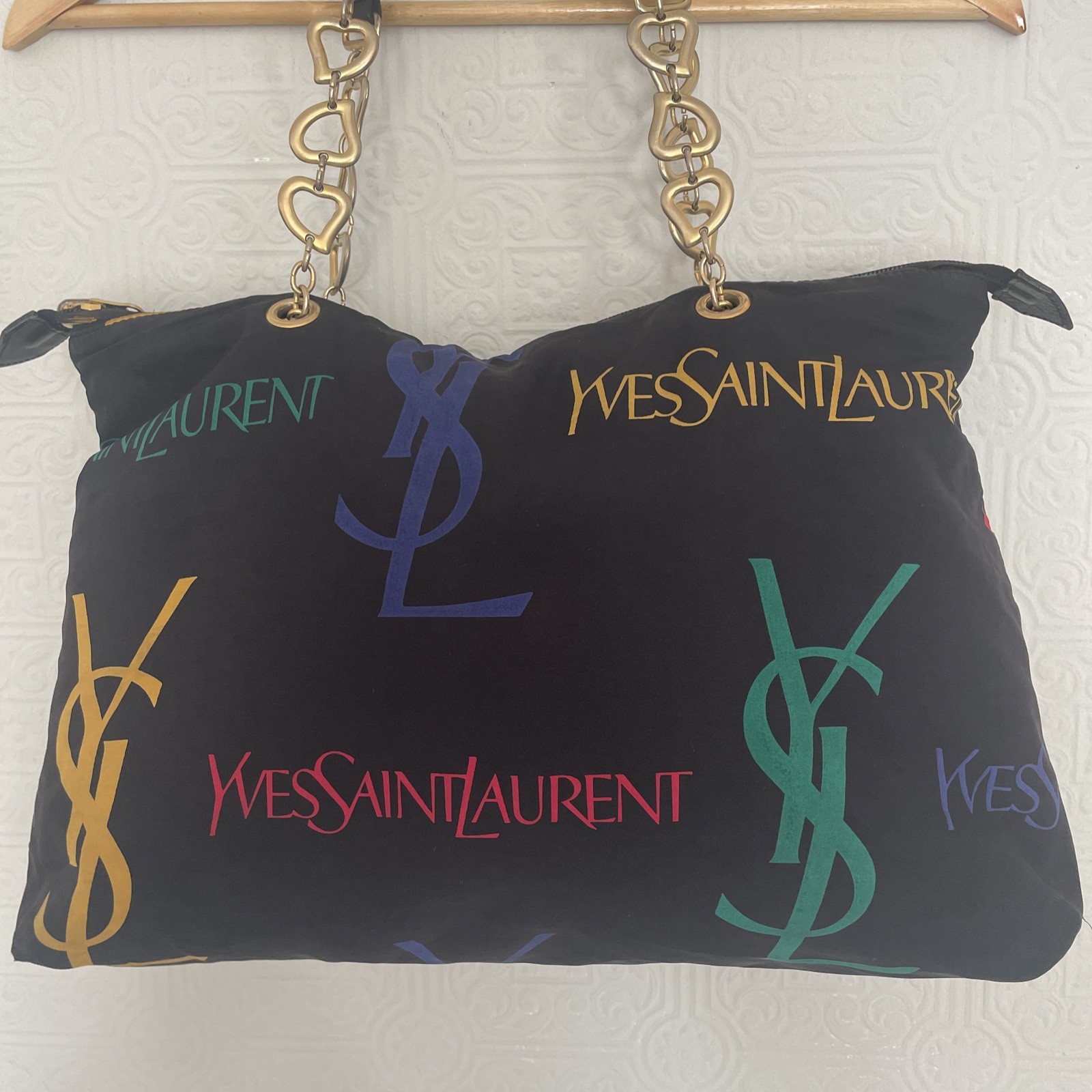 SAINT LAURENT Borsa a tracolla vintage YSL anni 90 tessuto catena oro tracolla zip pezzo raro
