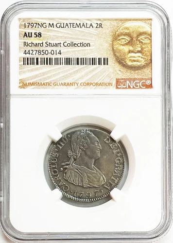 1797 NG M GUATEMALA SILVER 2 REALES CHARLES IV COIN RICHARD STUART NGC AU 58