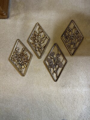 4 Syroco Wood Gold Retro Floral Flower  Mid Century Mod Wall Hangng Plaques