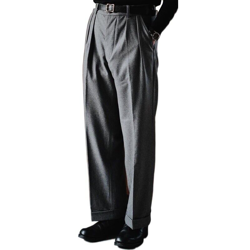 XXL only  high waist navy wool trousers with button fly and brace buttons   Elgar Shirts