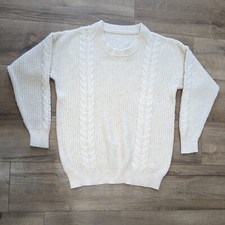 Chunky Cable Knit Grandpa Sweater Cream Crew Neck Sz Medium Vintage Oversized
