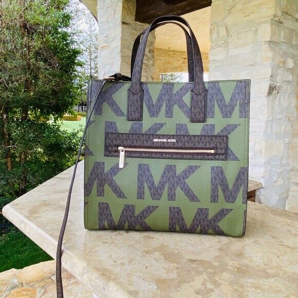 Michael kors kenly large ns tote satchel graphic logo brown mk army green  multi