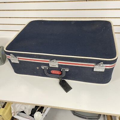VINTAGE 1970'S SKYWAY NAVY BLUE / RED TWEED? LUGGAGE Suitcase READ