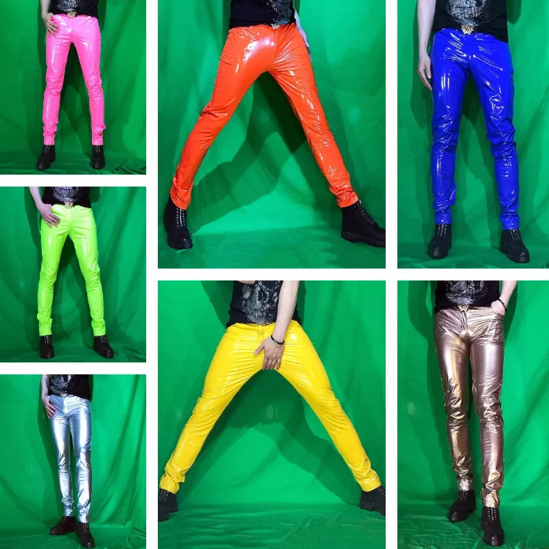 Men Faux Leather Pants Trousers Metallic Shiny Wet Look Skinny