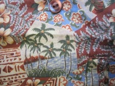 Med Vintage Hawaiian Shirt Barefoot in Paradise Gold Rust Patchwork Pattern USA