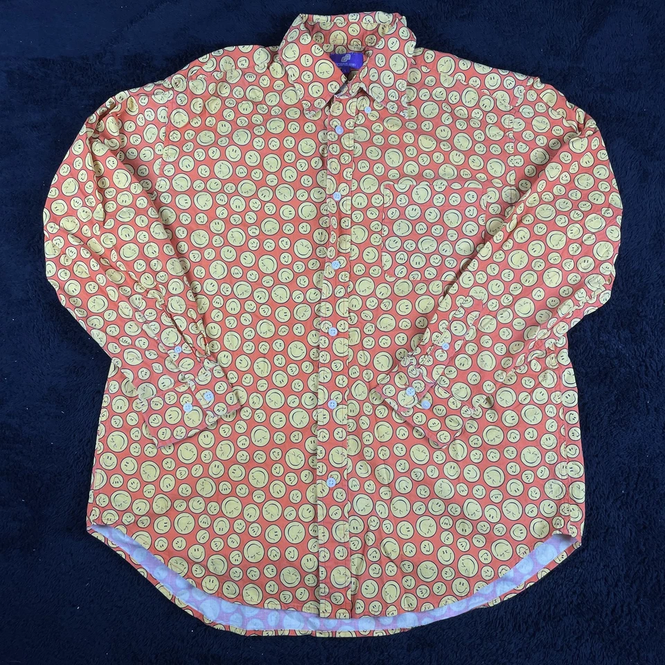 Camisa masculina polvo exército grande laranja amarela rosto sorridente padrão botão para cima casual - Imagem 2 de 4