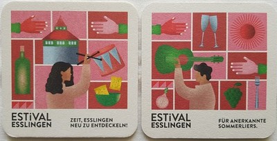 2 Werbe-Bierdeckel ''ESTiVAL Esslingen'' Zeit, Esslingen zu entdecken! NEU!
