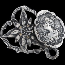 Art Nouveau Woman Lady Cameo Floral Scrollwork Antique Styl Vintage Belt Buckle