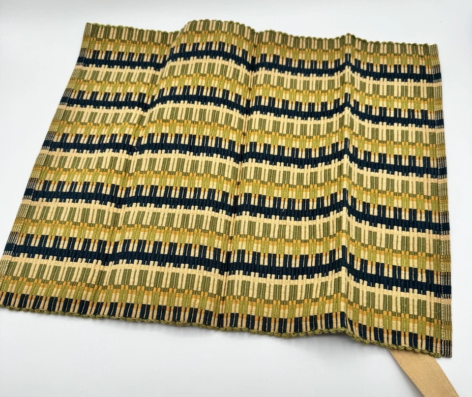 Set of 4 Vintage MCM Woven Bamboo Placemats – Olive Navy Tan Stripes, Japan - Image 3 of 4