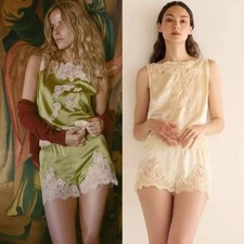 Doen lace patchwork silk vest shorts set