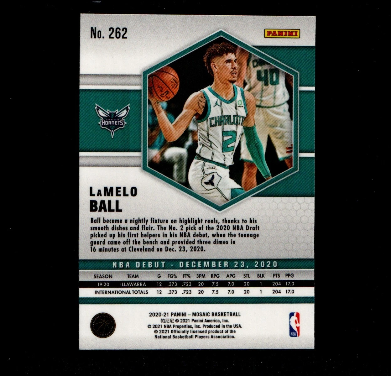 Back of 2020-21 Panini Mosaic LaMelo Ball NBA Debut Rookie Card