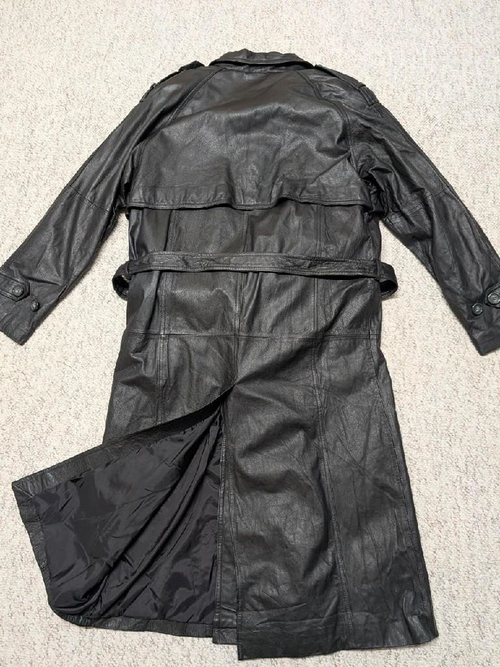 vintage TRENCH COAT black leather DUSTER belted jacket M double breasted 1980s - Image 2 of 4