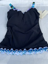Profile By Gottex Black Ruffle Tankini Top Size 34D NWT