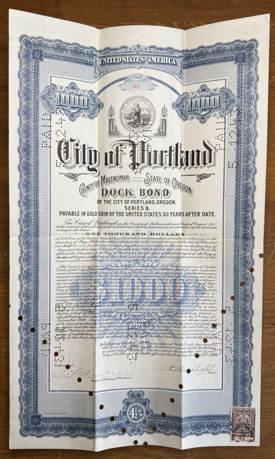 1916 Portland Municipal Bond W/ New York Secured Debt Tax Stamp Scd14 $7.50 Rev