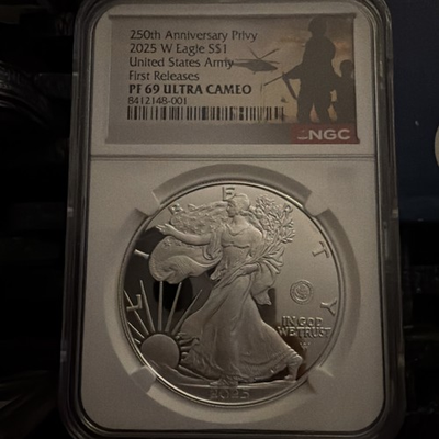 #ad 2025 W Proof $1 250th Anniversary US Army Privy Silver Eagle NGC PF69 Box INC $299.99