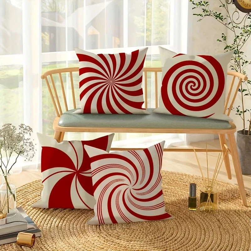 4Pcs Peppermint Candy Pattern Christmas Linen Pillow Case Perfect New Year Gift - Image 4 of 4