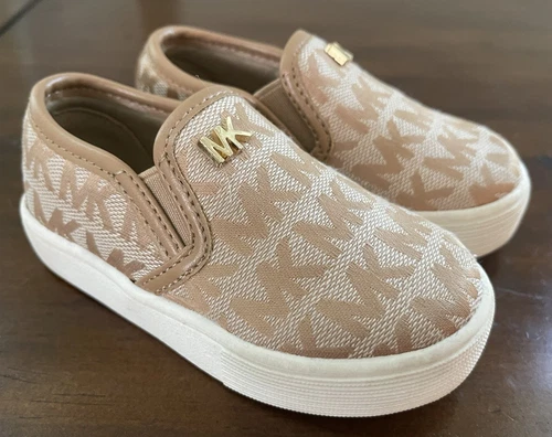 Michael Kors little girls toddler Sneakers  size 5 logo print brown slip on shoe