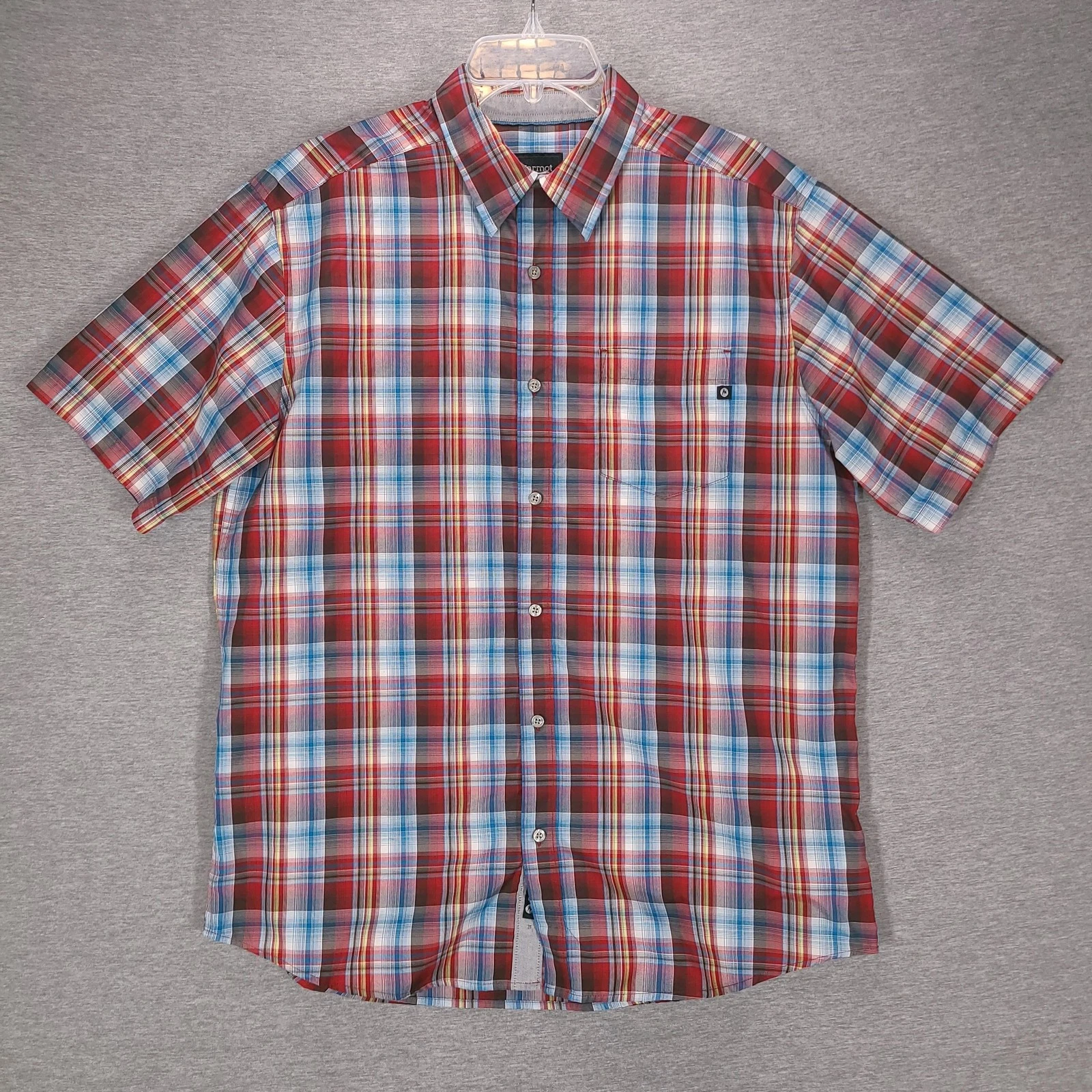Marmot Shirt Mens Large Red Plaid Short Sleeve Button Up Casual Outdoor Hiking