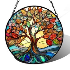 Vibrant Tree of Life Stained Glass Sun Catcher Panel - Colorful Window Decor Gif