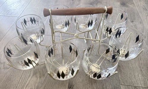 Vintage Federal Roly Poly Atomic Glass Set Of 8 MCM Gold Black Harlequin