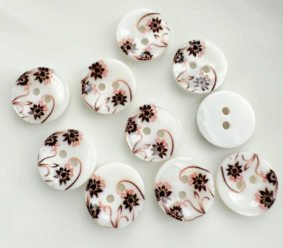 10PC White Floral Resin Shirt Button 2 Hole Flat Back Buttons 11mm - Image 3 of 3