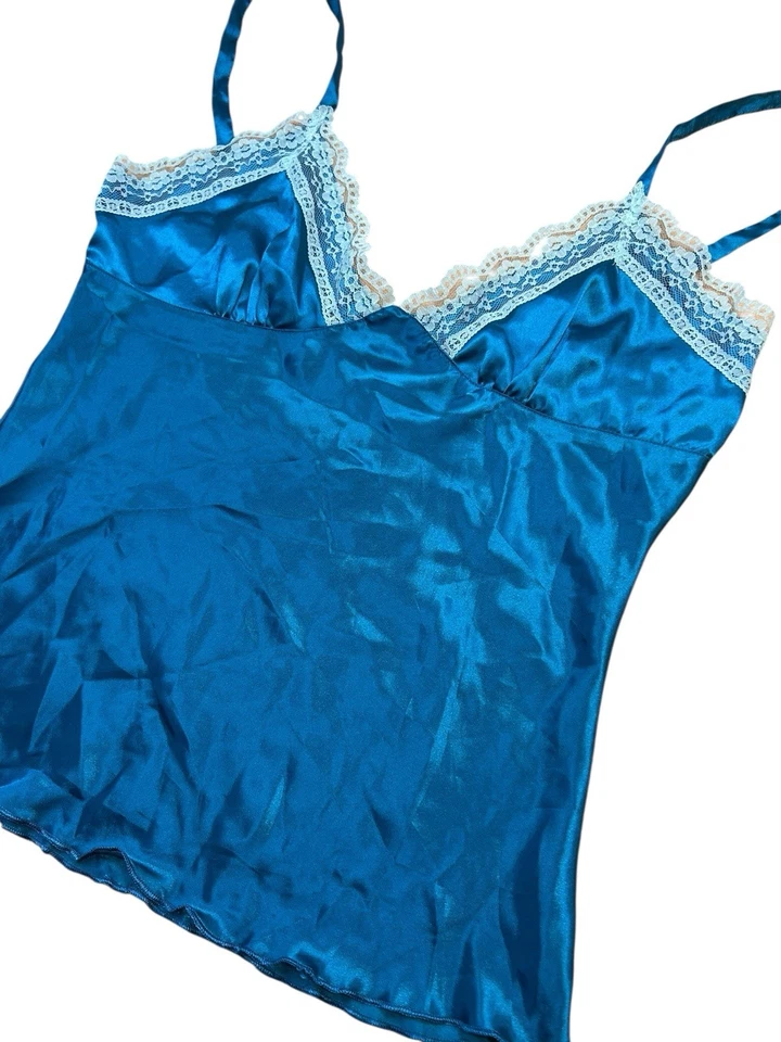 Y2K Teal Fairycore Lace Trimmed Satin Babydoll Tank Top Size Large No Boundaries - Image 4 of 4