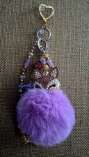 Fur Ball with Fox Head Inlay Pearl Rhinestone Key Chain Women's Bag Charm