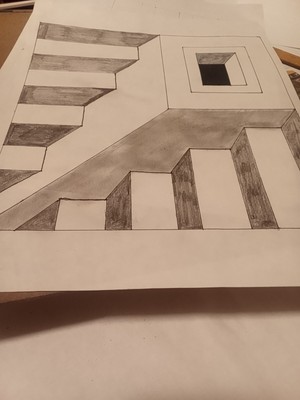 This is a 3D drawing of a staircase using shading creates a optical illusion 