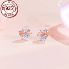 925 Sterling Silver Two Tones Rose Gold Bowknot CZ Heart Stud Earrings for Women