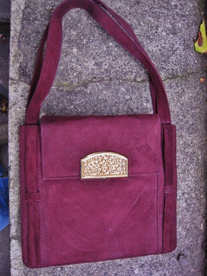 SAC porté main Vintage 1930 FERMOIR ART DECO vELOURS de CUIR POURPRE/BORDEAUX - Photo 2/4