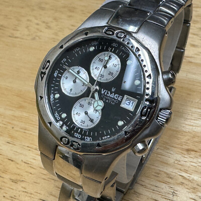 Visage Quartz Watch Men 50m Silver Black Rotating Bezel Chronograph New Battery