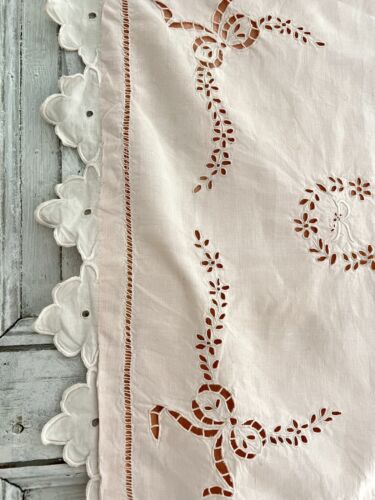 Antik französisch rosa BESTICKT Öse Leinen KISSEN SHAM FESTONS RC mono c1920 - Bild 10 von 24