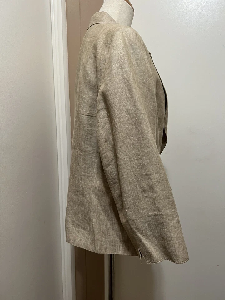 Blazer Chaqueta Lafayette 148 Lino Metálico Beige Dorado 14 Un Botón Carrera Foto 4 de 4